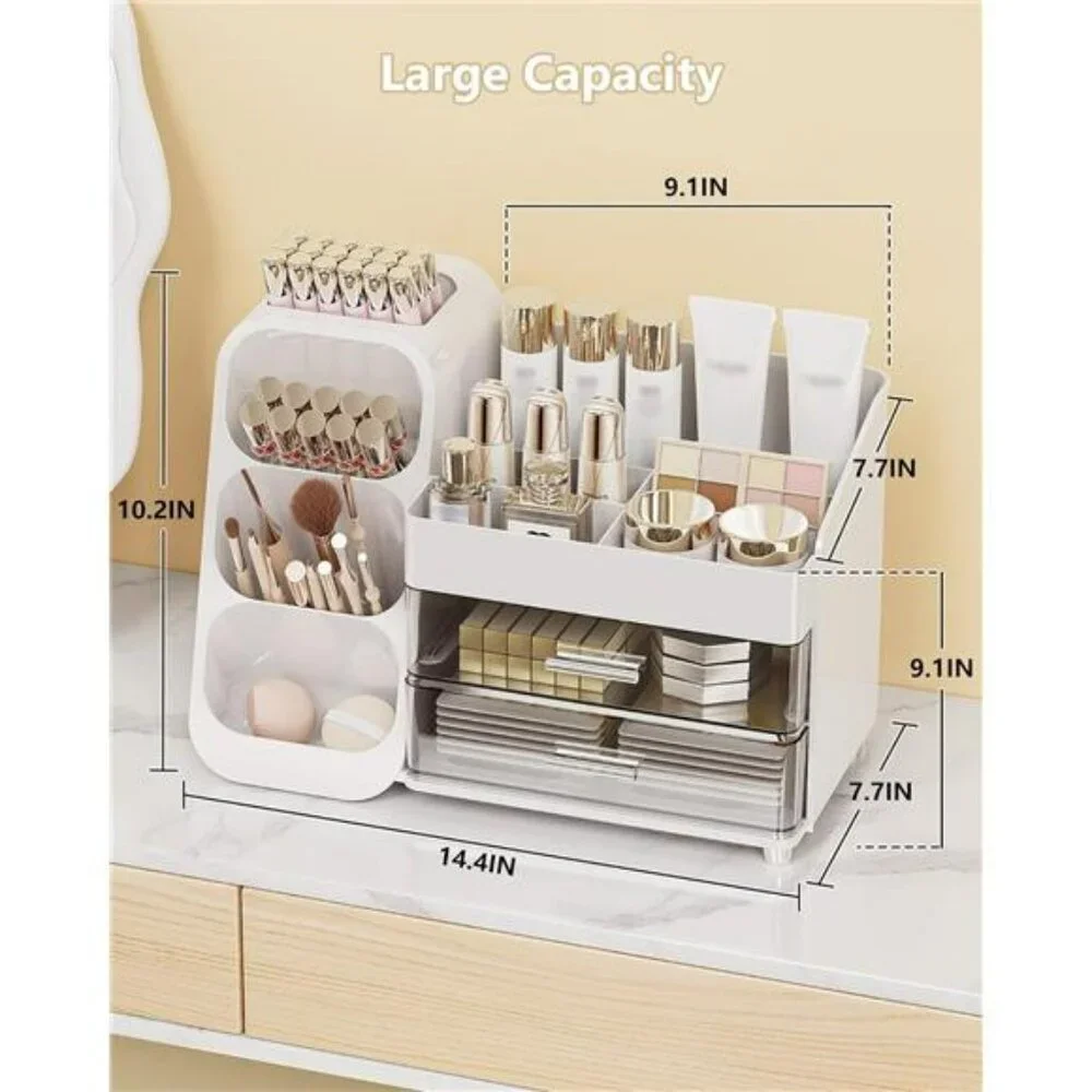 Large Makeup Organizer with Drawers Vanity Skincare Storage Box White